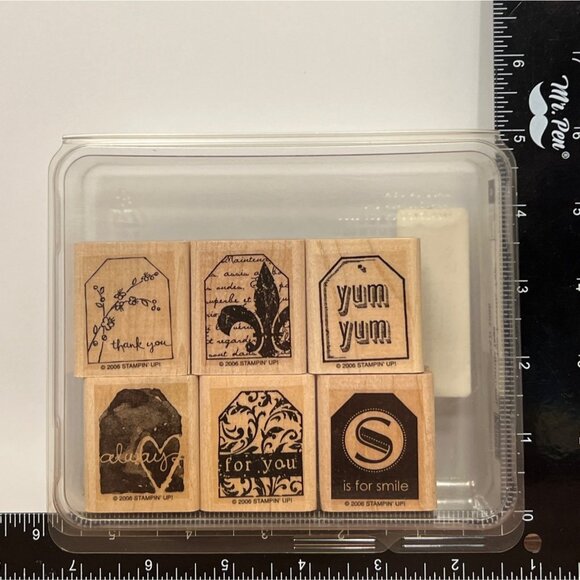 106352 RETIRED Stampin Up Too Terrific Tags Wood Mount Rubber Stamp Set - Picture 1 of 4